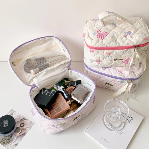 Large Capacity Quilted Makeup Bag Cute Butterfly Print Travel Toiletry Pouch Cosmetic Organizer Bag For Women Girls