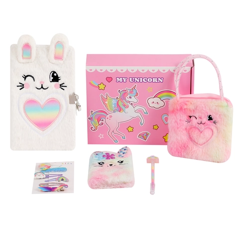 Kids Unicorn Plush Stationery Gift Box Set Notebook Crossbody Bag Eye Mask Hair Accessories Pink Birthday Reward Gift For Girls