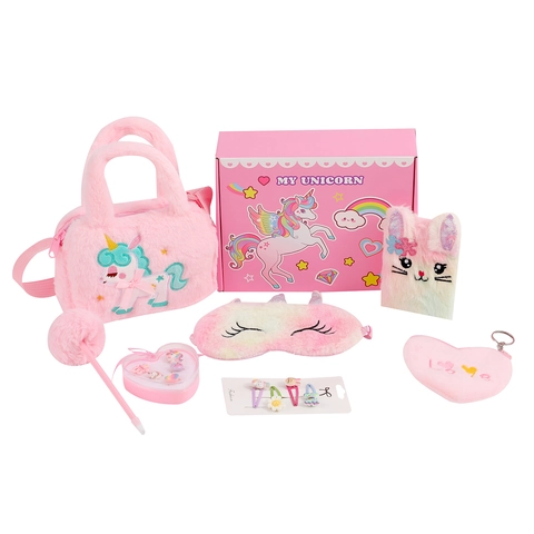 Kids Unicorn Plush Stationery Gift Box Set Notebook Crossbody Bag Eye Mask Hair Accessories Pink Birthday Reward Gift For Girls