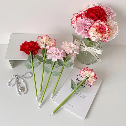 Aesthetic Carnation Simulation Flower Ballpoint Pen Plastic Writing Pen Creative Floral Desk Decor Wedding Mother Teacher Day Gift