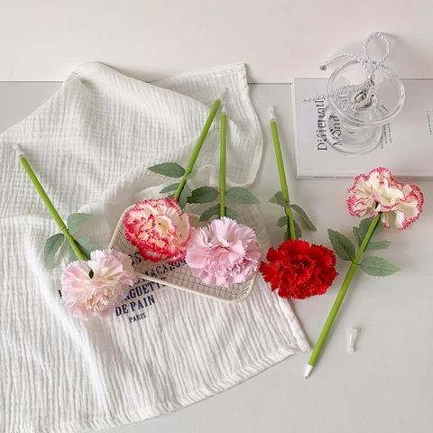 Aesthetic Carnation Simulation Flower Ballpoint Pen Plastic Writing Pen Creative Floral Desk Decor Wedding Mother Teacher Day Gift
