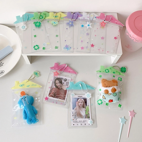 Transparent House Shaped Card Holder Photocard Sleeve PVC Storage Bag With Star Clover Bow Pattern Bead Chain For Women Girls