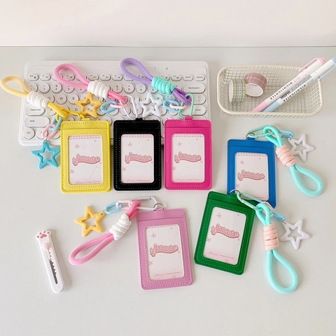 Cute PU Leather ID Card Holder With Braided Lanyard Star Charm For Students Office Work ID Badge Protection Case