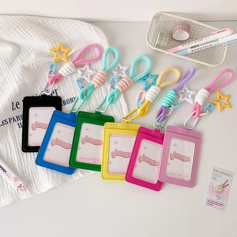 Cute PU Leather ID Card Holder With Braided Lanyard Star Charm For Students Office Work ID Badge Protection Case