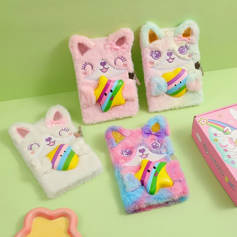 Plush Cat Notebook With Lock And Keys Cute Cartoon Diary Stress Relief Faux Fur Journal Gift For Girls