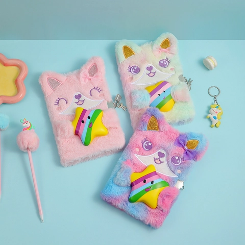 Plush Cat Notebook With Lock And Keys Cute Cartoon Diary Stress Relief Faux Fur Journal Gift For Girls