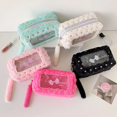 Kawaii Plush Pencil Case Soft Faux Fur Stationery Storage Bag Makeup Pouch Transparent PVC Window Heart Print Bow Pull
