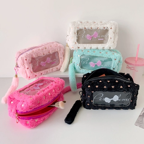 Kawaii Plush Pencil Case Soft Faux Fur Stationery Storage Bag Makeup Pouch Transparent PVC Window Heart Print Bow Pull
