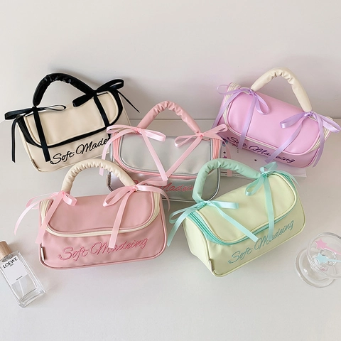Trousse De Maquillage Style Ballet En Cuir PU Grande Capacité Organisateur De Toilette Avec Noeud