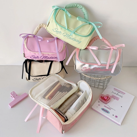 Trousse De Maquillage Style Ballet En Cuir PU Grande Capacité Organisateur De Toilette Avec Noeud
