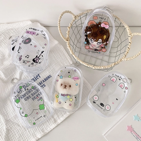 Clear PVC Doll Storage Bag Transparent Portable Display Pouch With Carabiner Cartoon Style Hanging Bag Charm