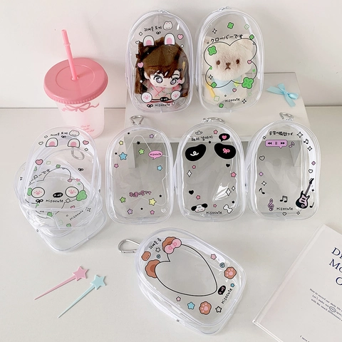Transparent PVC Cartoon Doll Storage Bag Mini Keychain Pouch For Plush Toys Display Anime Badge Organizer With Metal Hook