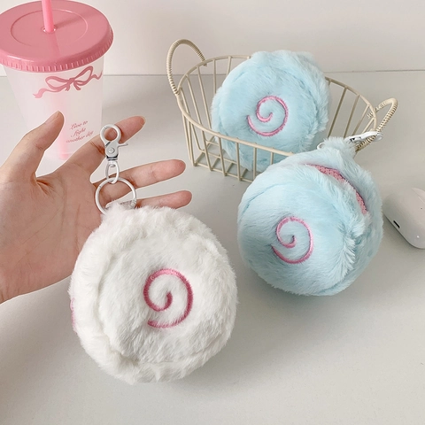Plush Narutomaki Coin Purse Mini Round Fish Cake Earphone Bag With Hook Cute Embroidery Pouch For Women Girls
