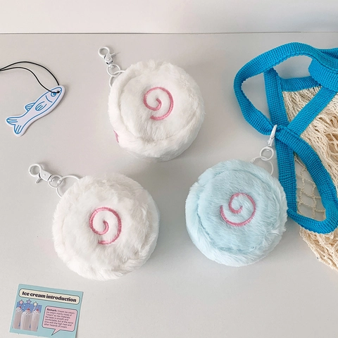 Runder Plüsch Münzbeutel Spiral Fischfrikadellen Design Weiche Mini Brieftasche Mit Haken Für Damen Mädchen Kopfhörertasche Taschenanhänger