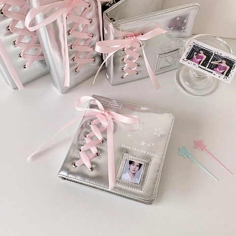Silver Shiny PU Leather Photocard Collector Book Pink Ribbon Bow Balletcore A5 A7 Loose-Leaf Photo Album For K-Pop Fans Girls Star Heart Pattern Collection Book