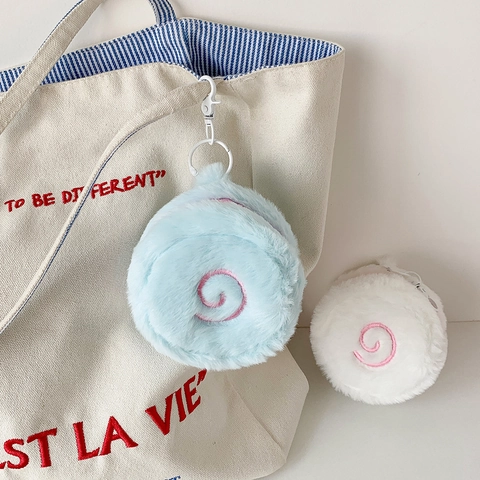 Runder Plüsch Münzbeutel Spiral Fischfrikadellen Design Weiche Mini Brieftasche Mit Haken Für Damen Mädchen Kopfhörertasche Taschenanhänger