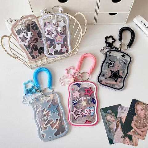 Korean Style Star Pattern Transparent Photocard Holder With Spiral Spring Lanyard And Keychain Pendant For Students Girls Cute