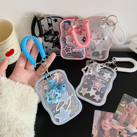 Wave Edge Star Pattern Sliding Photocard Holder With Spring Lanyard Keychain For Student ID Card Bus Pass Girls Gift
