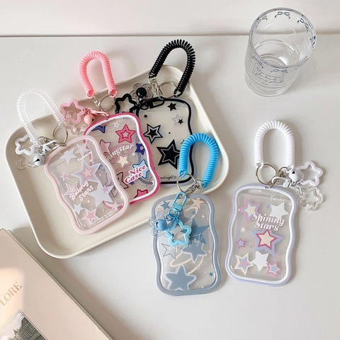 Korean Style Star Pattern Transparent Photocard Holder With Spiral Spring Lanyard And Keychain Pendant For Students Girls Cute