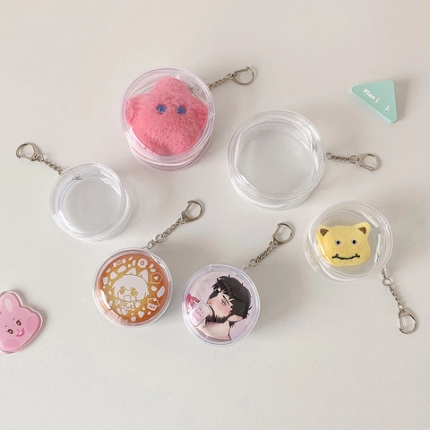 Runde Transparente PVC Badge Aufbewahrungstasche Schlüsselanhänger Display Case Mini Münzbörse Für Anime Puppen Idole Mit Metallhaken