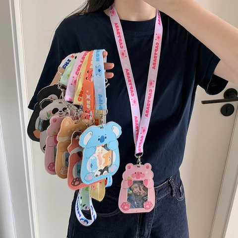 Cute Cartoon Animal PU Leather ID Card Holder With Printed Lanyard For Students Women Panda Koala Capybara Badge Protector