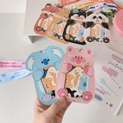 Porta Badge Cartone Animato Animale Pelle PU Con Cordino Custodia Carta Autobus Per Studenti Ufficio