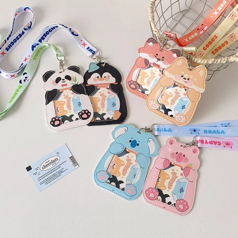 Porta Badge Cartone Animato Animale Pelle PU Con Cordino Custodia Carta Autobus Per Studenti Ufficio