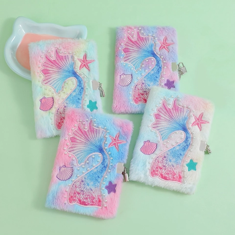 Mermaid Tail Sequin Embroidery Gradient Color Plush Notebook With Metal Lock And Key For Kids Girls Writing Diary