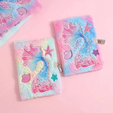 Mermaid Tail Sequin Embroidery Gradient Color Plush Notebook With Metal Lock And Key For Kids Girls Writing Diary