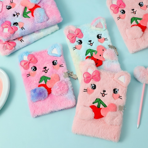 Cute Plush Cat Notebook A5 With Metal Lock And Key Faux Fur Secret Diary Journal For Girls Students Novelty Stationery
