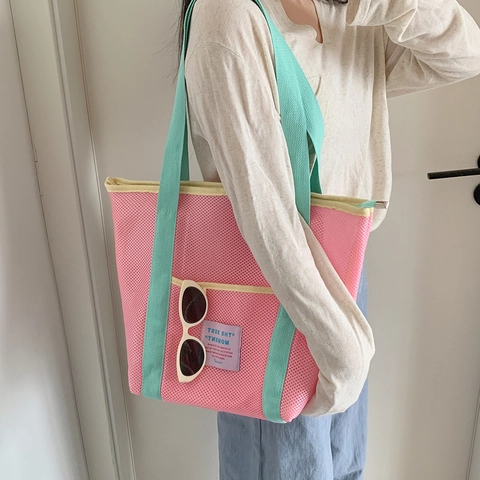 Bolso Tote de Malla Estilo Coreano para Mujer Gran Capacidad Plegable Bolso de Mano para Playa de Verano con Cremallera Bolso de Hombro Transpirable