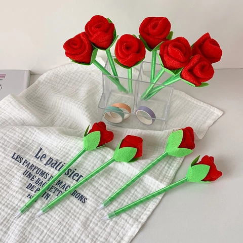 Simulation Rose Flower Ballpoint Pen With Velvet Petals Green Stem Decorative Writing Tool For Wedding Party Women Gift