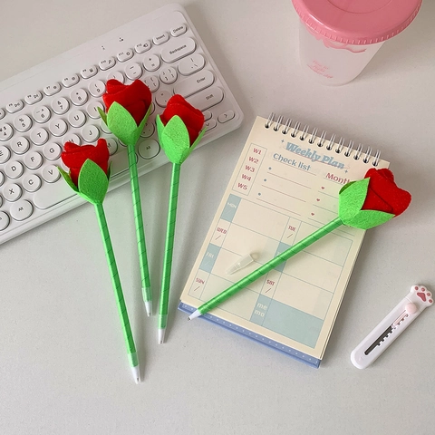 Simulation Rose Flower Ballpoint Pen With Velvet Petals Green Stem Decorative Writing Tool For Wedding Party Women Gift