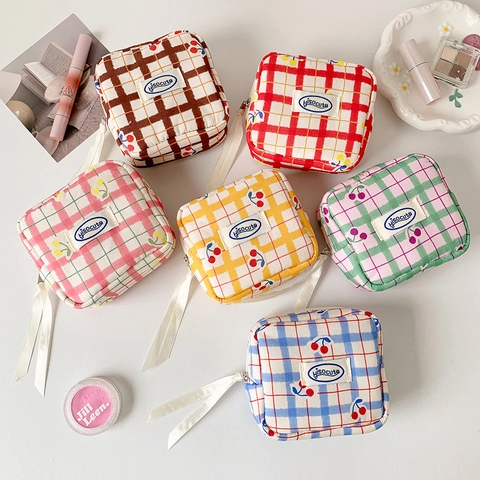 Plaid Grid Canvas Makeup Bag Sweet Cherry Print Square Cosmetic Storage Pouch With Ribbon Zipper Pull Travel Organizer