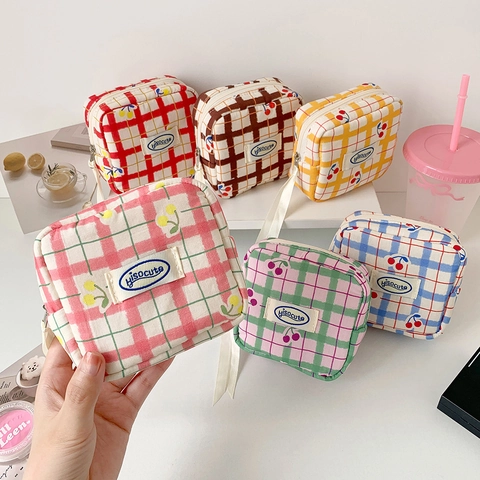 Plaid Grid Canvas Makeup Bag Sweet Cherry Print Square Cosmetic Storage Pouch With Ribbon Zipper Pull Travel Organizer