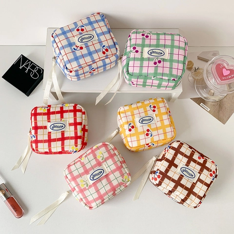 Portable Grid Cherry Print Polyester Cotton Storage Bag Mini Square Makeup Pouch For Sanitary Napkin Daily Travel Women