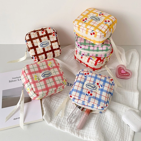 Portable Grid Cherry Print Polyester Cotton Storage Bag Mini Square Makeup Pouch For Sanitary Napkin Daily Travel Women