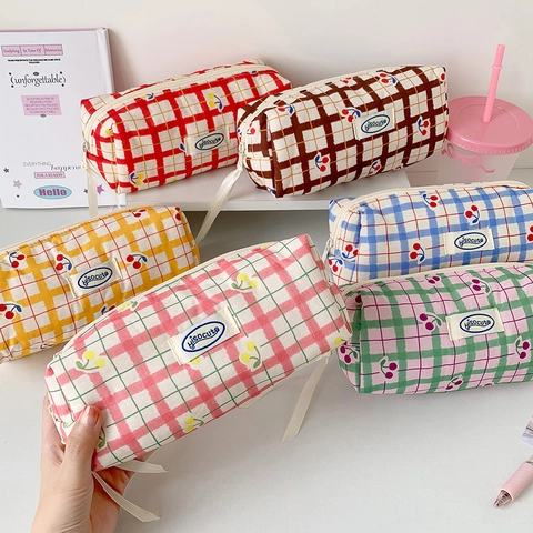 Trousse À Crayons En Toile Motif Grille Imprimé Cerise Grande Capacité Style Coréen Sac À Papeterie Pochette De Rangement Maquillage