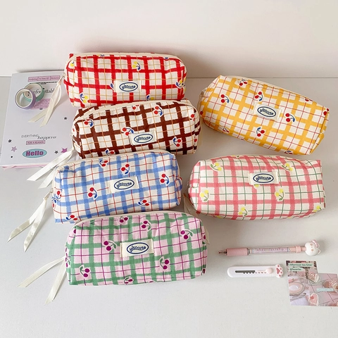 Trousse À Crayons En Toile Motif Grille Imprimé Cerise Grande Capacité Style Coréen Sac À Papeterie Pochette De Rangement Maquillage