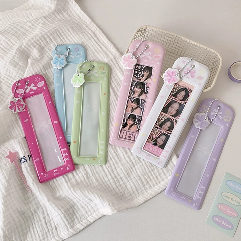 Korean Ins Style Bowknot PVC 4-Cut Photo Card Holder Kpop Idol Photocard Protector Case With Keychain Pendant Storage