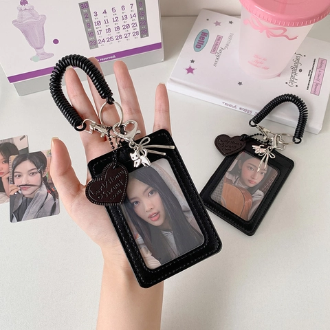 Porta Carte In Pelle PU Con Finestra Trasparente Cordino A Spirale Ciondolo Cuore Gatto Per Carte Fotografiche Studenti