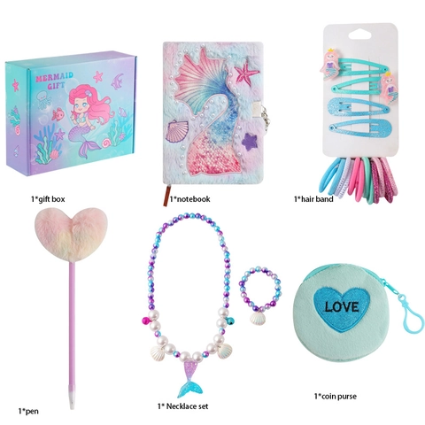 Kids Stationery Gift Collection Cartoon Unicorn Mermaid Plush Notebook Bag Accessories For Girls Birthday Jewelry