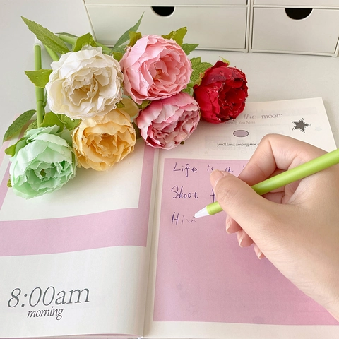 Simulation Peony Flower Ballpoint Pen Creative Plastic Fabric Blue Ink Writing Pen For School Office Gift Women Stationery