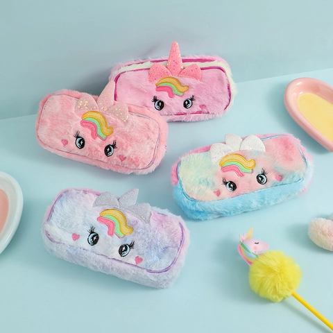 Astuccio Per Matite In Peluche Unicorno Borsa Per Cancelleria Morbida Con Ricamo Arcobaleno Per Studenti