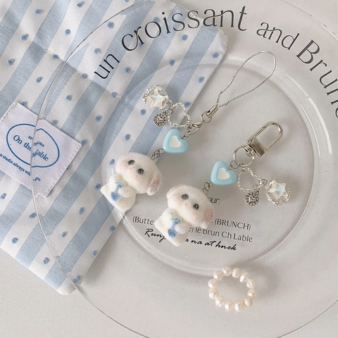 Cute Flocked Puppy Keychain Bone Star Pendant Car Bag Charm Couple Gift Sweet Style Phone Hanging Ornament