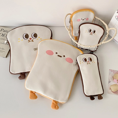 Toast Bread Plush Pouch Cartoon Embroidery Cute Soft Coin Purse Zipper Storage Bag For Girls Students Kawaii Novelty