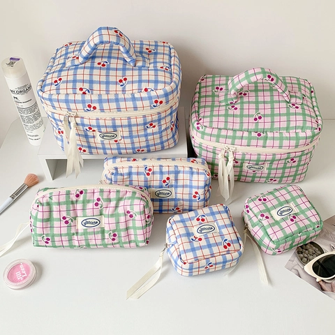 Cute Cherry Checkered Quilted Cotton Makeup Bag With Handle Large Toiletry Organizer Travel Cosmetic Pouch Handbag
