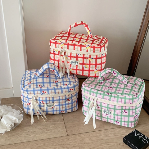 Cute Cherry Checkered Quilted Cotton Makeup Bag With Handle Large Toiletry Organizer Travel Cosmetic Pouch Handbag