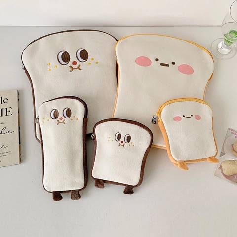 Toast Bread Plush Pouch Cartoon Embroidery Cute Soft Coin Purse Zipper Storage Bag For Girls Students Kawaii Novelty
