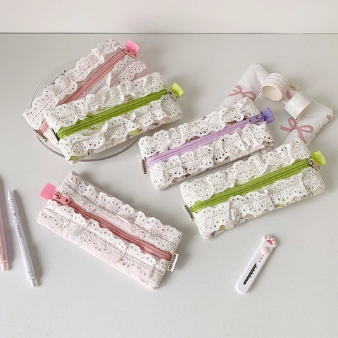 Sweet Floral Lace Pencil Case Portable Stationery Storage Pouch For School Office Supplies Cute Flower Pattern For Girls